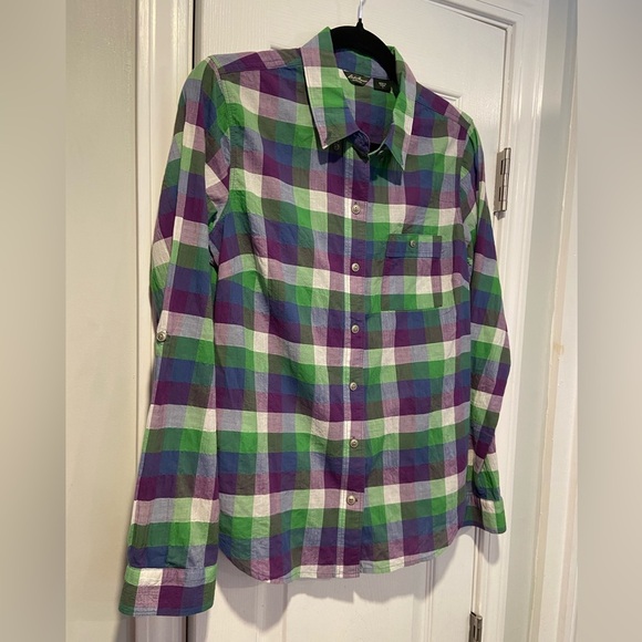 Eddie Bauer Size S Cotton Roll Tab Sleeve Button Down Shirt Green Purple Check - Picture 3 of 12